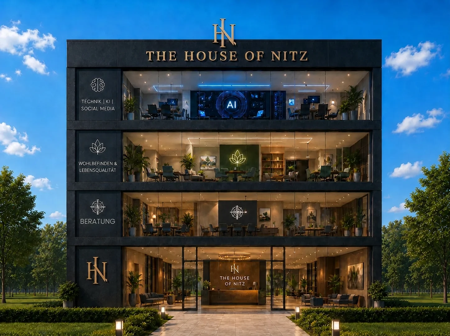 Das Gebäude von The House of Nitz mit den Bereichen Beratung, Lebensqualität und persönliche Orientierung sowie KI, Content und digitale Lösungen.