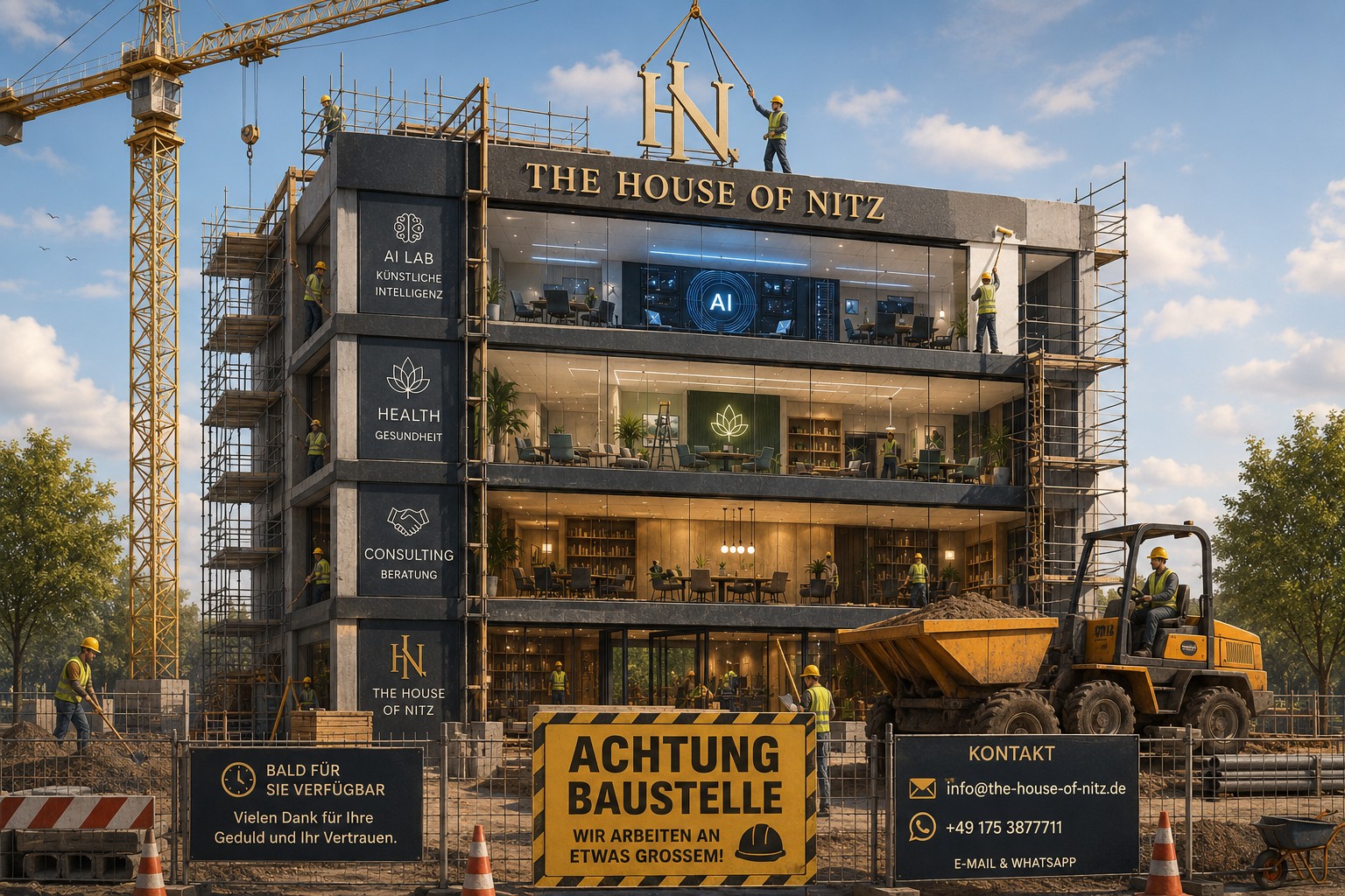 The House of Nitz als fast fertiggestellte Baustelle mit Kränen, Bauarbeitern und dem Hinweis Achtung Baustelle.
